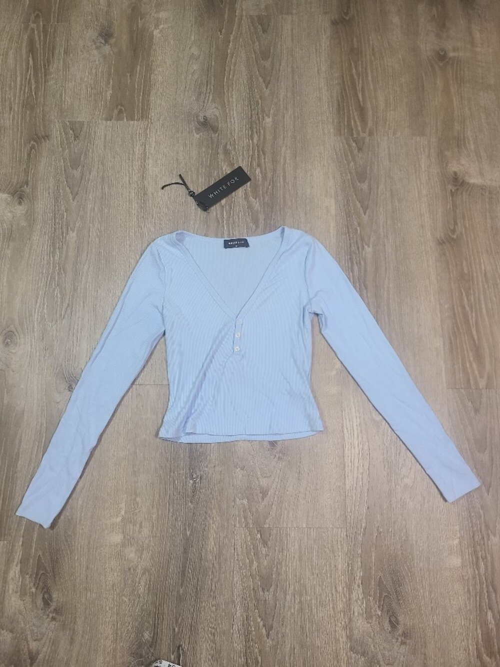White Fox Baby Blue Girl Talk Ribbed Button Front Cropped Pajama Top Size M